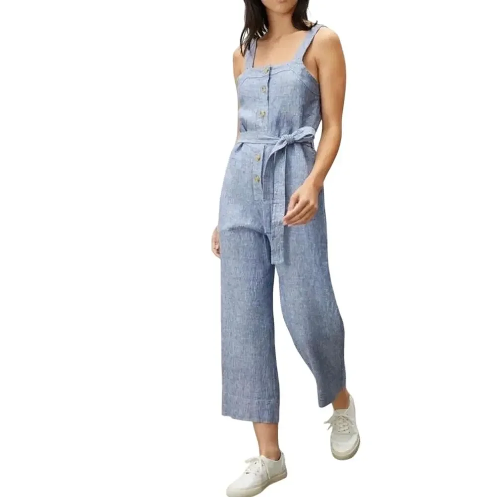 EVERLANE Women’s Blue Striped Linen Cropped Wide Leg Belted Jumpsuit